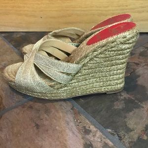 Christian Louboutin Shimmery Gold Wedge Strappy Sandals Espadrilles. US Sz 8